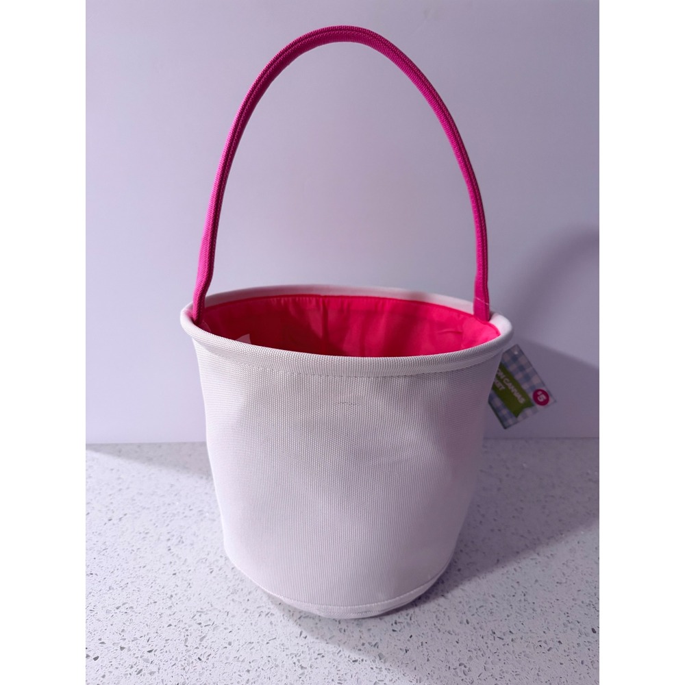 Strawberry Canvas Easter Bucket White Pink Fruit Applique Tote Bag New - Picture 3 of 5